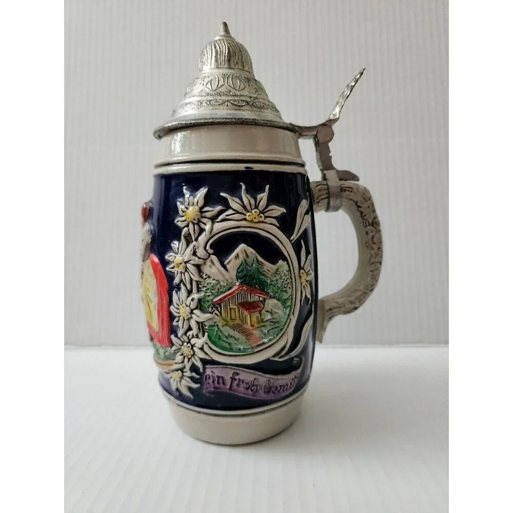 Gerz Handpainted Beer Stein Ceramic Pewter Lid Ein lustig Lied ein froh Gemuth